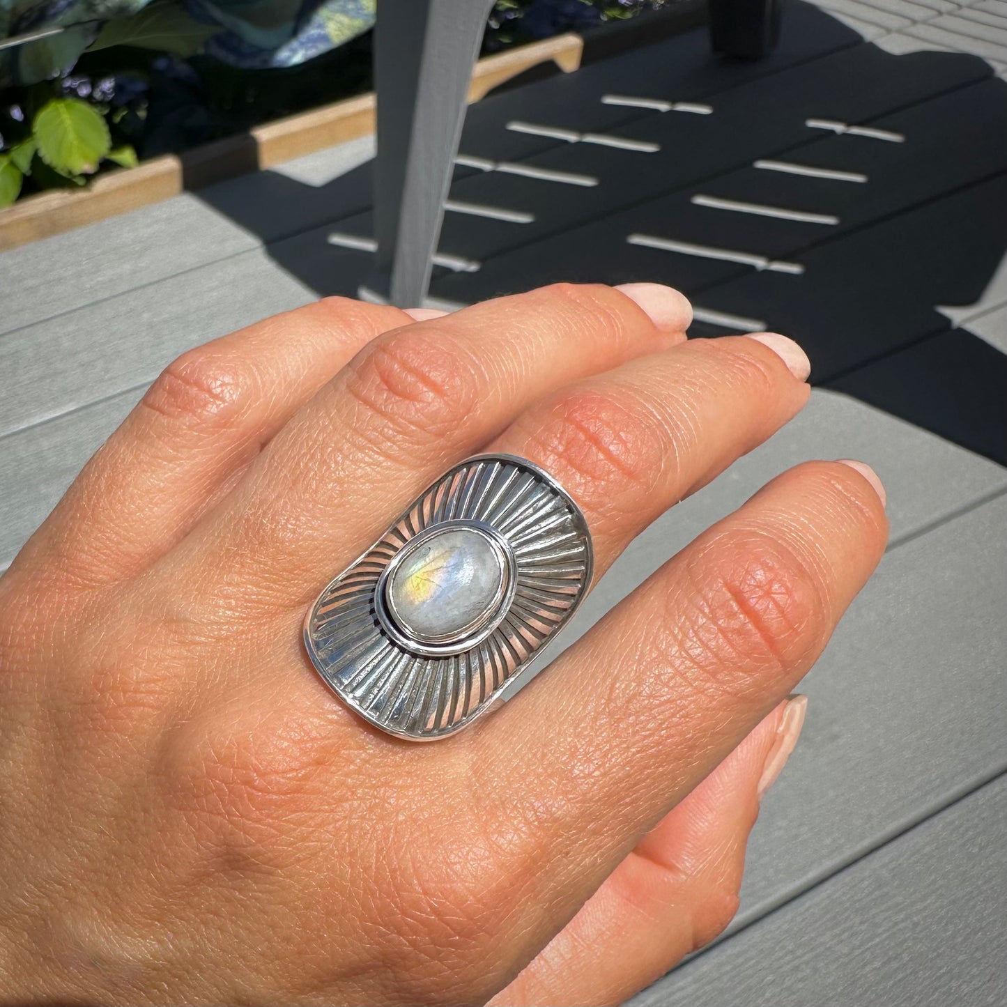 MOONSTONE Sunburst Shield RIng