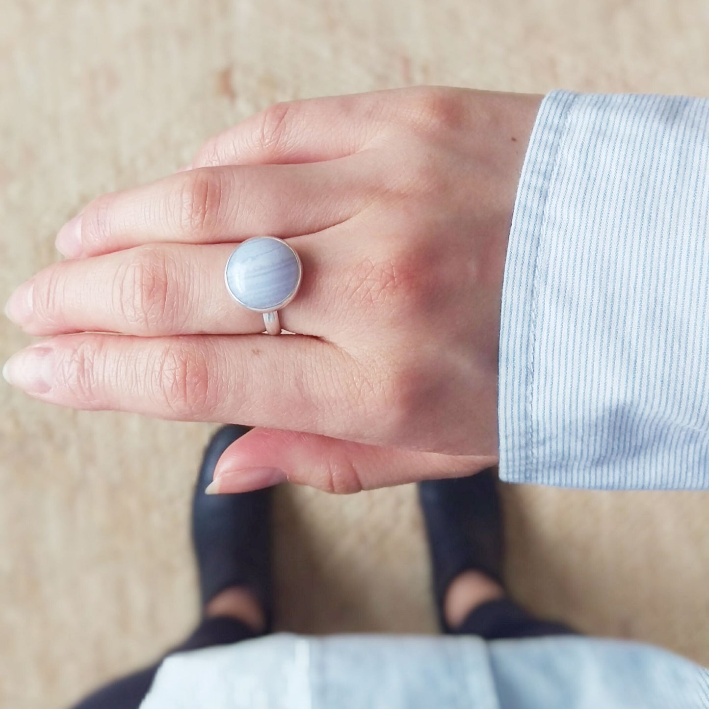 Round Blue Lace Agate Ring