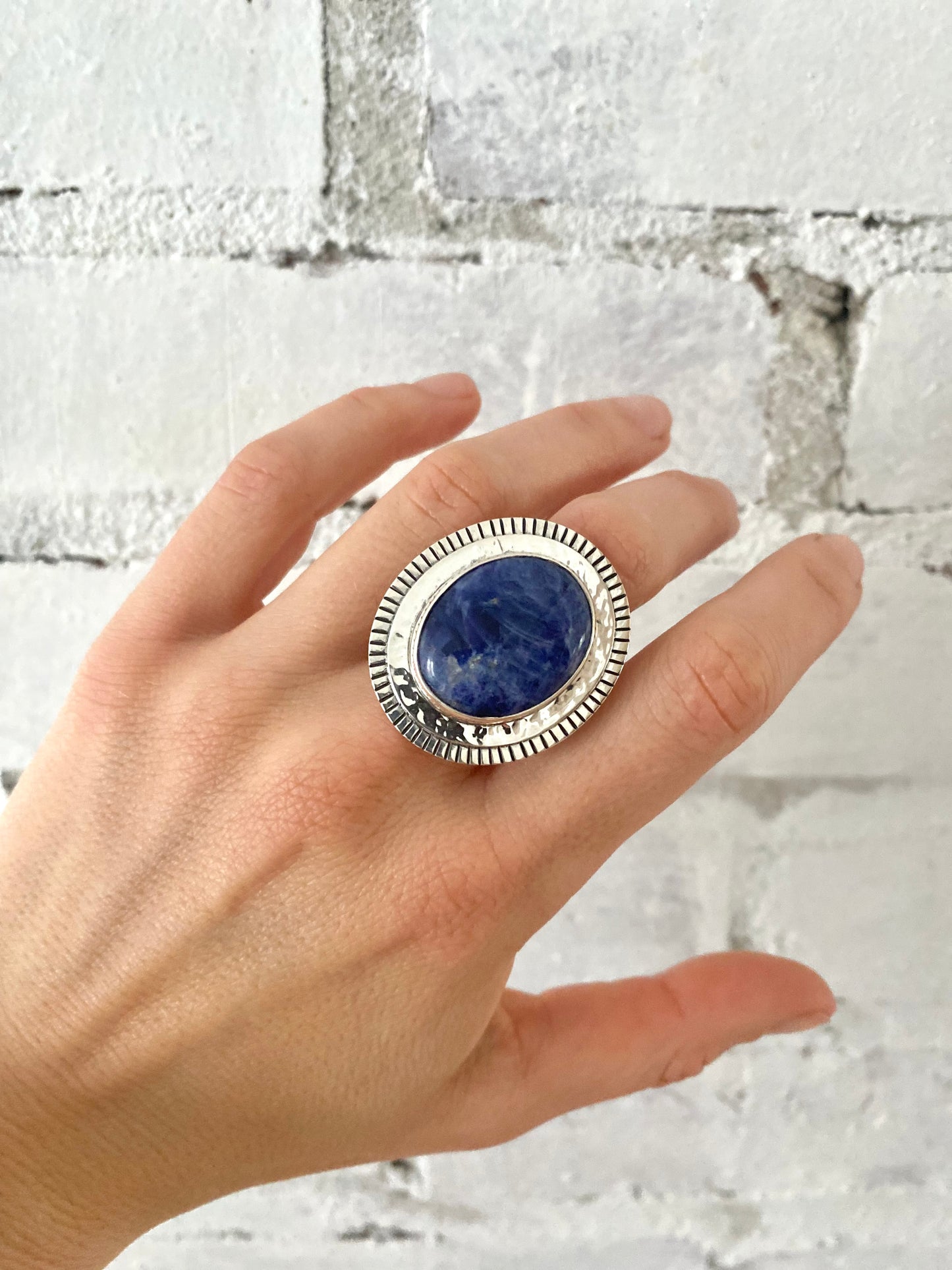 Large Lapis Lazuli Ring and Hammered Sterling Silver Ring