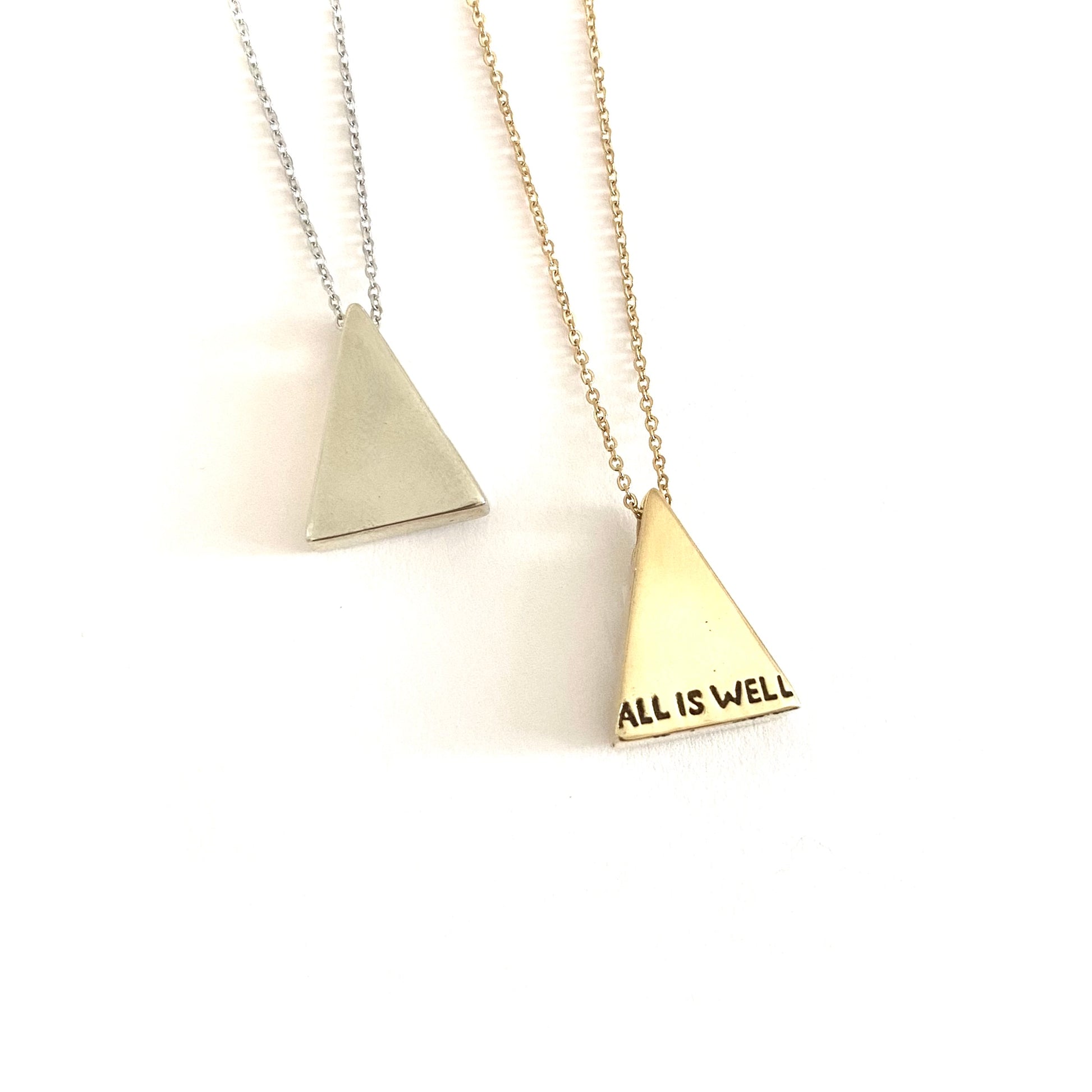 ALL IS WELL hand printed triangle pendant in silver or gold