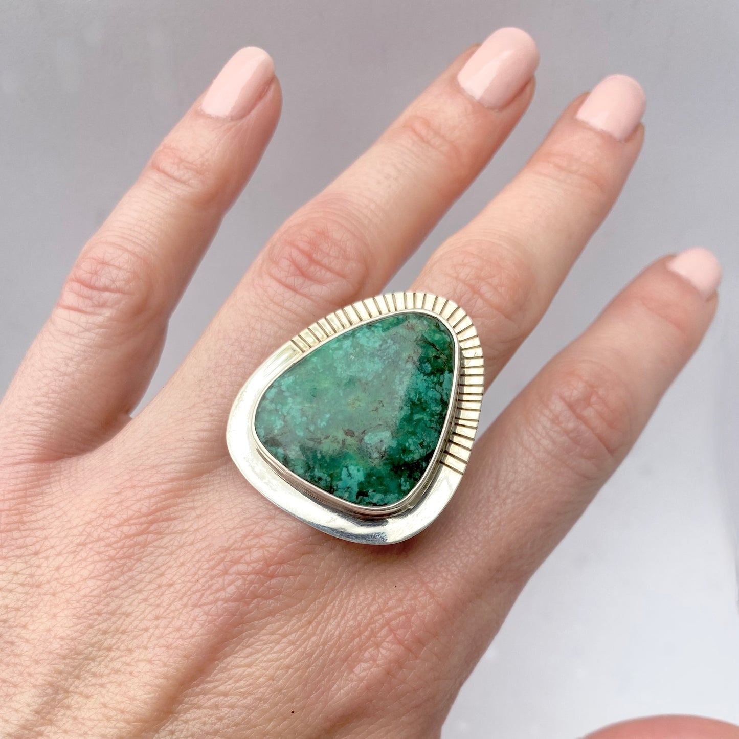 Large Triangle Chrysocolla Half Stamped Ring