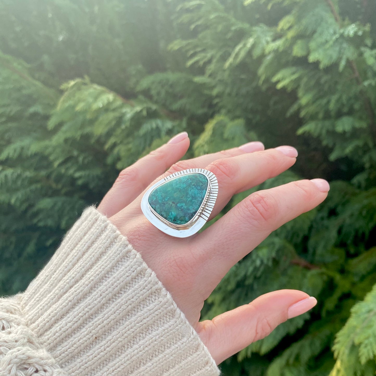 Large Triangle Chrysocolla Half Stamped Ring