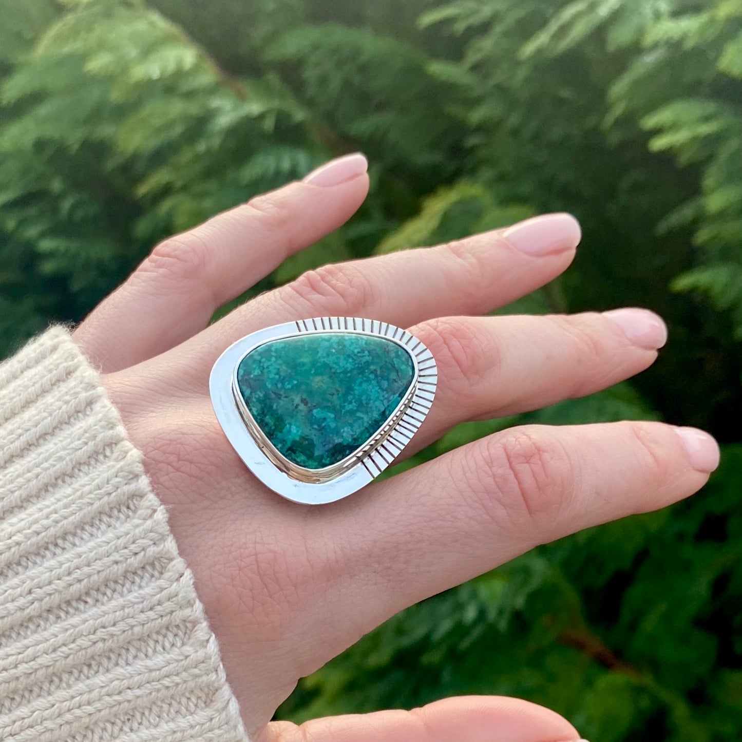 Large Triangle Chrysocolla Half Stamped Ring