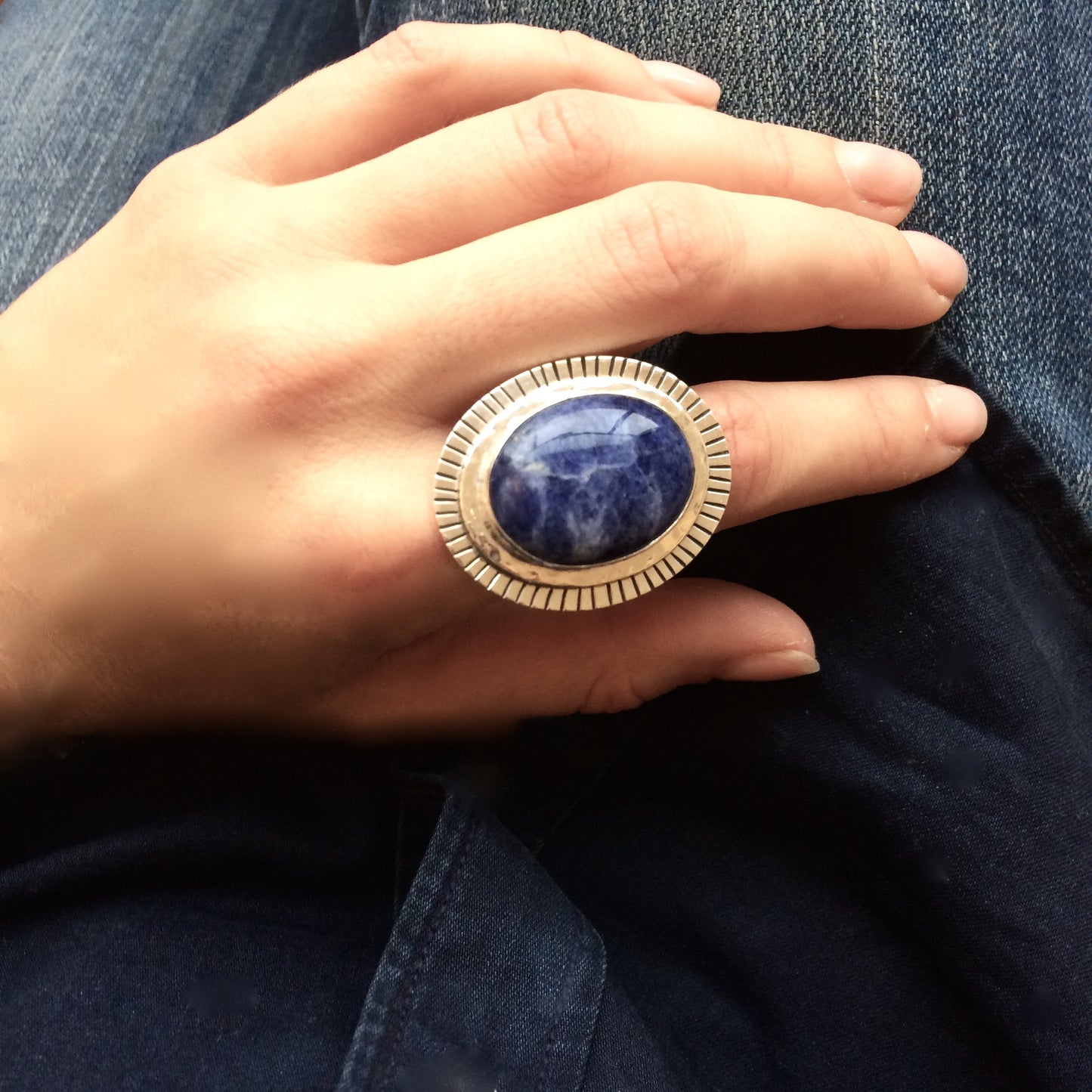 Large Lapis Lazuli Ring and Hammered Sterling Silver Ring